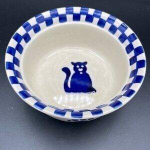 Blue and White Pottery Cat Bowl checkered